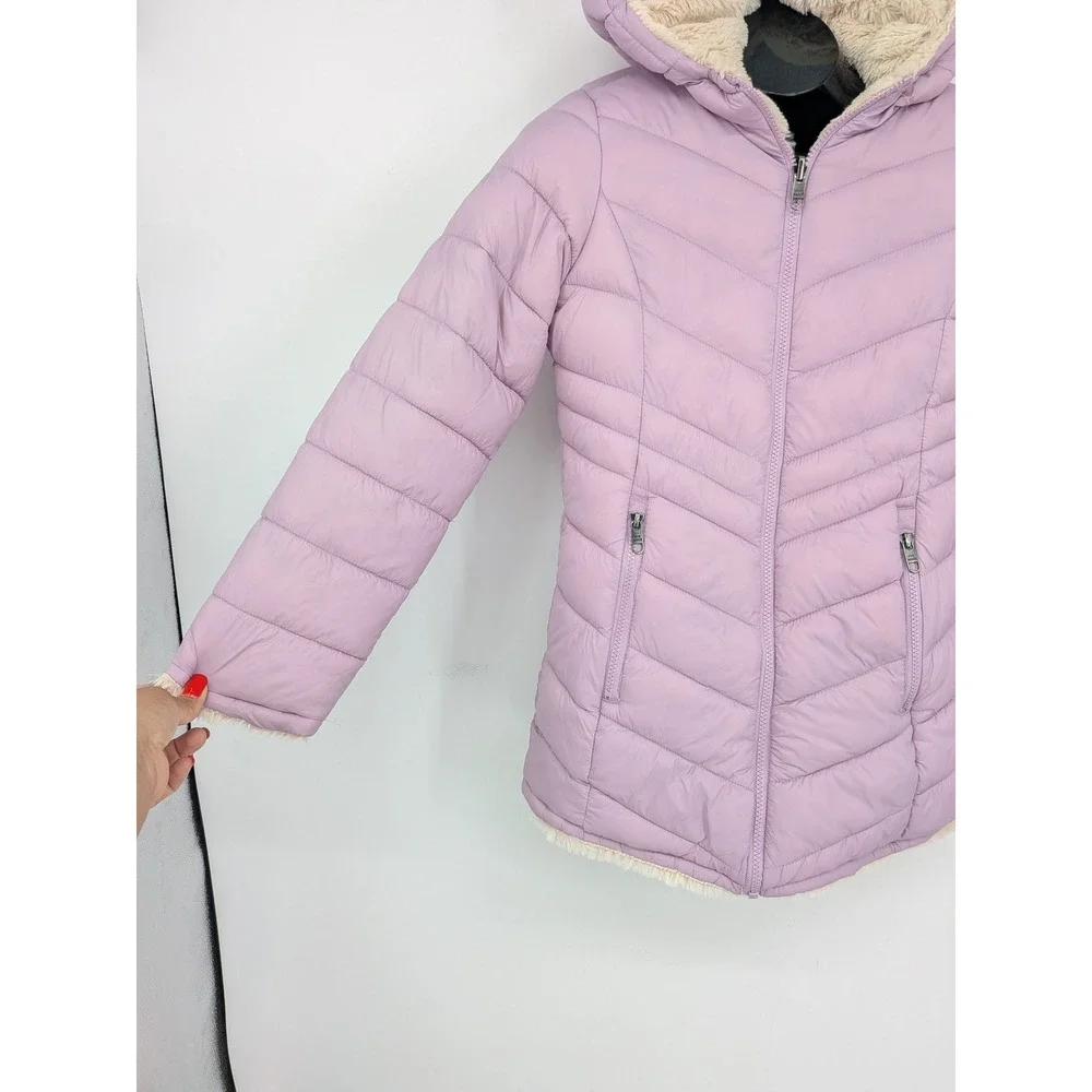 Steven Madden Reversible Puffer Jacket Lavender Faux Fur Hood Cozy Girls 14/16